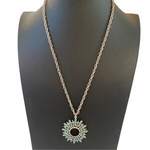 Vintage Silver Toned Faux Turquoise Circular Pendant on Rope Chain